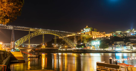 Fototapeta na wymiar Dom Luis I steel bridge at night in Porto, Portugal