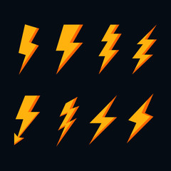 lightning bolt  flash icons set. electricity power. yellow thunder isolated on blue background. vector Illustration.
