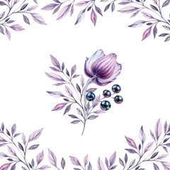 Watercolor anemones with berries of black pearls. Hand-painted realistic botanical floral illustration. Purple bouquet in square floral frame for wedding stationery design, card printing, textile
