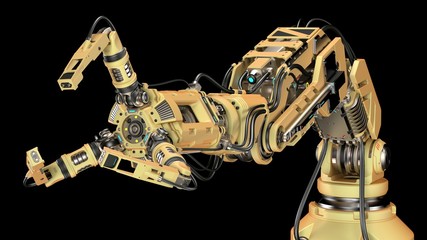 Fototapeta na wymiar Very detailed robotic arm. Yellow mechanical hand. Industrial robot manipulator. Futuristic industrial technology. Isolated on black background. 3D Render
