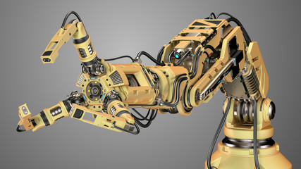 Fototapeta na wymiar Very detailed robotic arm. Yellow mechanical hand. Industrial robot manipulator. Futuristic industrial technology. Isolated on gray background. 3D Render