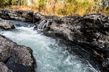 CLOSE UP: Foaming river water flows down large black rocks in the middle of a tropical forest