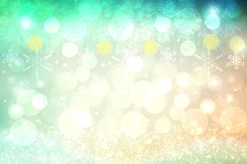 Christmas card template. Abstract festive natural light gold white green winter christmas landscape background texture with bokeh lighted snowflakes and stars. Card design. Beautiful backdrop.