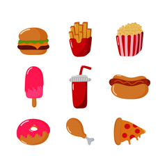 fast food icons set cartoon style isolated on white background. illustration vector.
