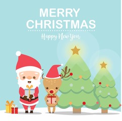 Santa claus and deer offering gifts in Christmas Greeting Card