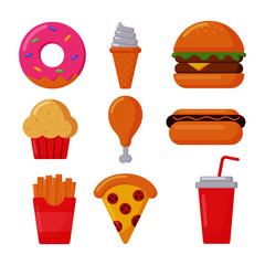 fast food icons set cartoon style isolated on white background. illustration vector.