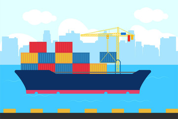 Results of images of ships containing tons of cargo at the crossing are handled at the port dock illustration vector