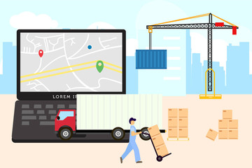 the concept of the process of shipping packages or goods online. online computer, freight truck, goods box	