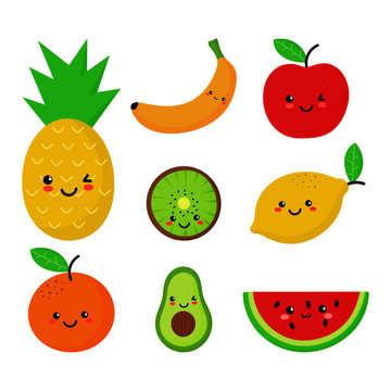 set of tropical fruit kawaii style isolated on white background. vector illustration.