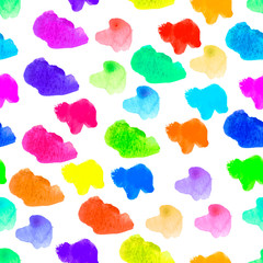 Watercolor rainbow blots. Vector illustration. Abstract shapes seamless pattern. Bright template. White background. Textured backdrop. Painted spots print. Hand drawn multicolored wallpaper.