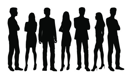 Vector silhouettes of  men and a women, a group of standing business people, black color isolated on white background