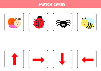 Educational worksheet for preschool kids. Match cards. Insects set. Spatial orientation for kids. 