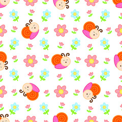 Naklejka premium Cute summer seamless pattern with snail and flowers. 