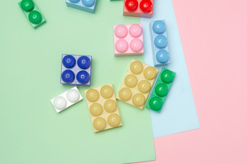 Toy blocks / Child education toys constructor pattern / Flat lay / Top view / Copy space for text