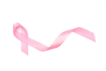 Curled pink ribbon with highlights isolated on white background, top view
