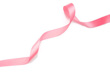 Curled pink ribbon with highlights isolated on white background, top view