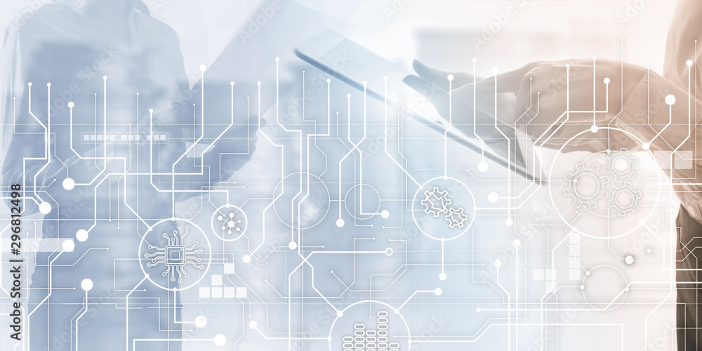 Poster electronic circuit board processor and gears on abstract business background