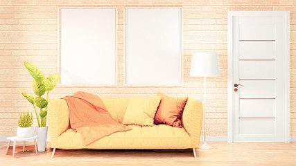 Mock up poster frame Yellow sofa on loft room interior design, brick wall design.3D rendering