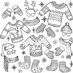 Holiday Collection. Set of christmas clothes. Mittens, hat, scarf, snowflakes, felt boots. New Year. Merry Christmas. Template for greeting card, postcard.