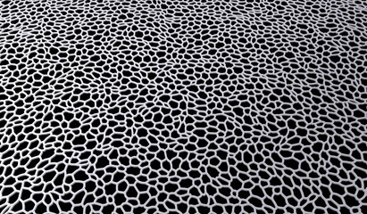 Abstract organic voronoi structure with depth of field effect. Blurred background with many cells on dark surface. Chaotic smooth line structure. 3d rendering