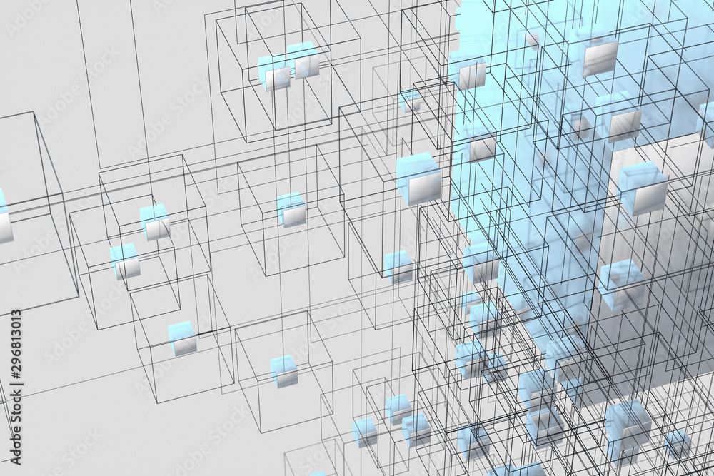 Poster technology background make up with cubes and lines, 3d rendering.