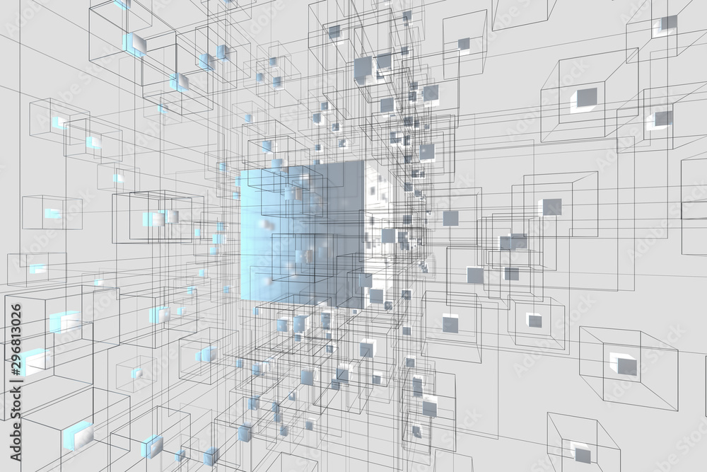 Poster technology background make up with cubes and lines, 3d rendering.