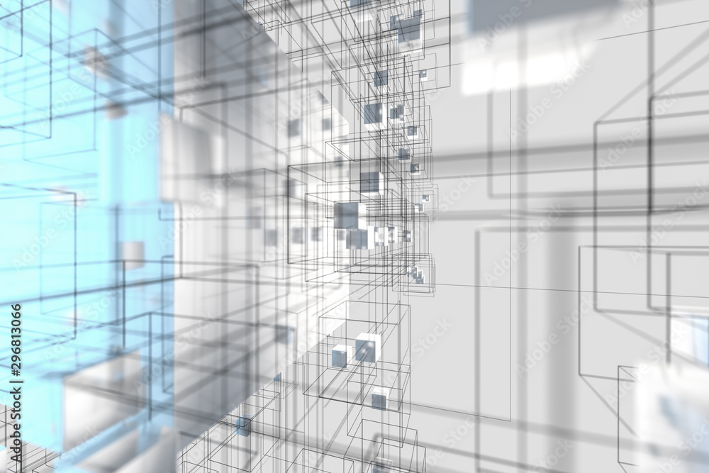 Poster technology background make up with cubes and lines, 3d rendering.