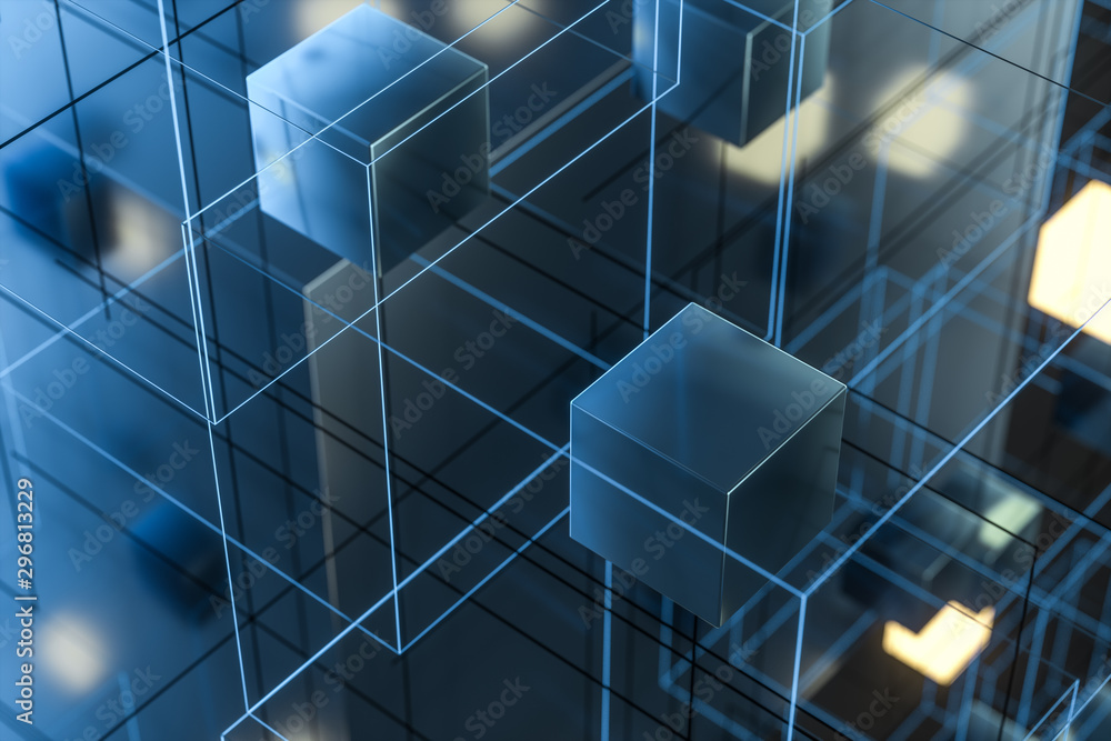 Aufkleber technology background make up with cubes and lines, 3d rendering.