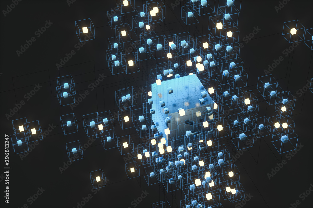 Poster technology background make up with cubes and lines, 3d rendering.