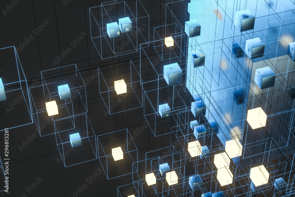 Aufkleber technology background make up with cubes and lines, 3d rendering.