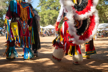  Powwow. Native American Shoes and details of regalia close up.  Chumash Day Powwow and Intertribal Gathering. - obrazy, fototapety, plakaty