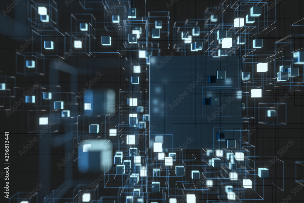 Poster technology background make up with cubes and lines, 3d rendering.
