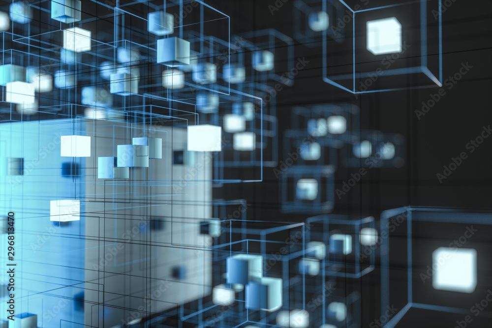 Aufkleber technology background make up with cubes and lines, 3d rendering.