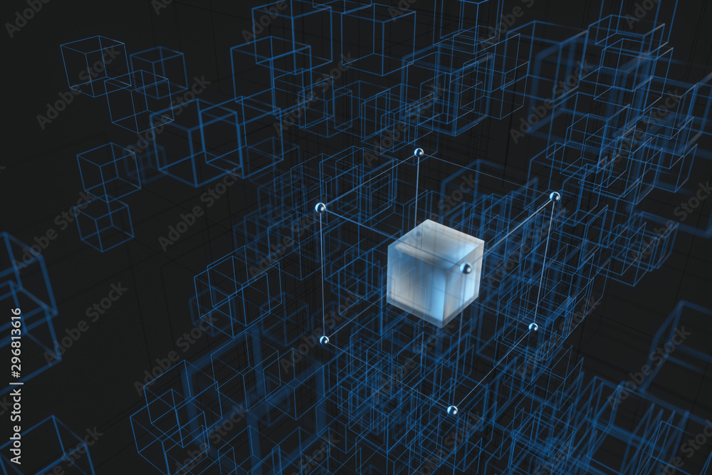 Poster technology background make up with cubes and lines, 3d rendering.
