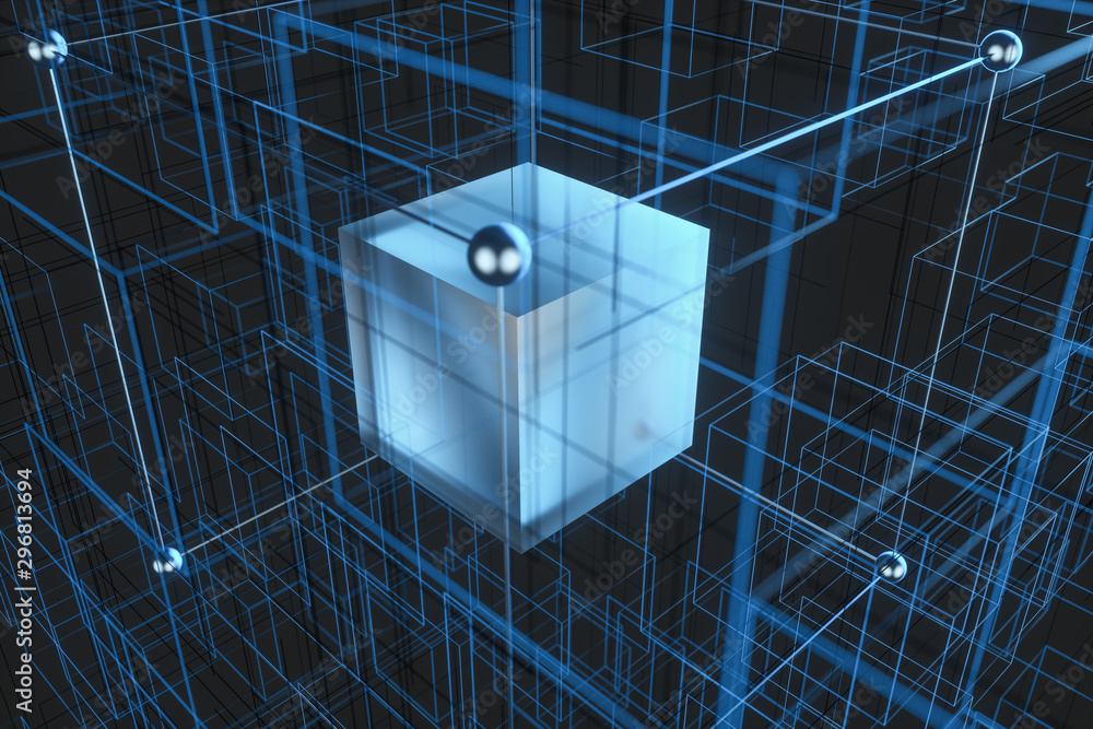 Aufkleber technology background make up with cubes and lines, 3d rendering.
