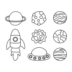 set of doodle space icons. planets cartoon style isolated on white background. vector illustration.