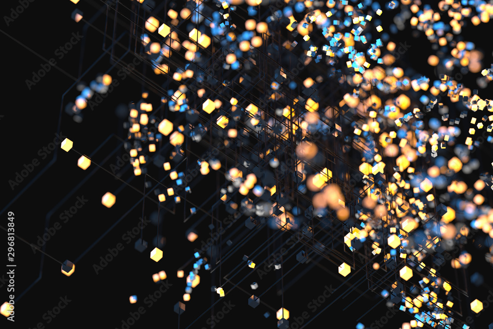 Poster technology background make up with cubes and lines, 3d rendering.