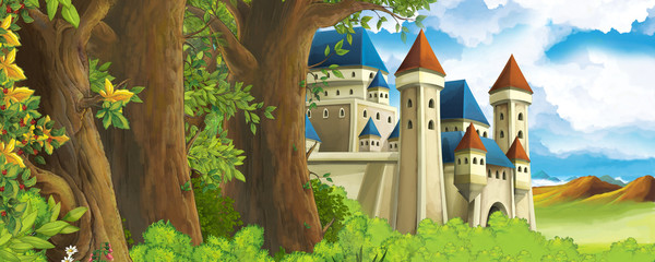 Cartoon nature scene with beautiful castle near the forest - illustration for the children - obrazy, fototapety, plakaty