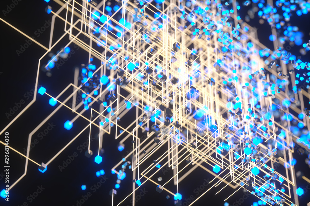 Poster technology background make up with cubes and lines, 3d rendering.