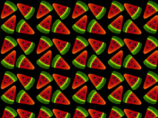 Seamless pattern from slices of watermelon on a black background. Print for fabric.