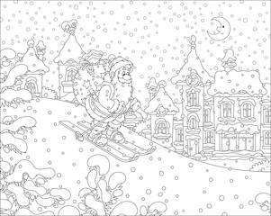 The night before Christmas, Santa Claus with his big bag of gifts skiing down a snow hill to a small snow-covered town, black and white vector illustration in a cartoon style