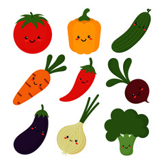 set of cute funny vegetable kawaii style icons isolated on white background. illustration vector.  