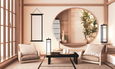 Ryokan very zen room with wall wooden shelf design and tatami floor, room earth tone.3D rendering