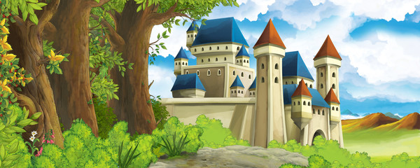 Cartoon nature scene with beautiful castle near the forest - illustration for the children © honeyflavour