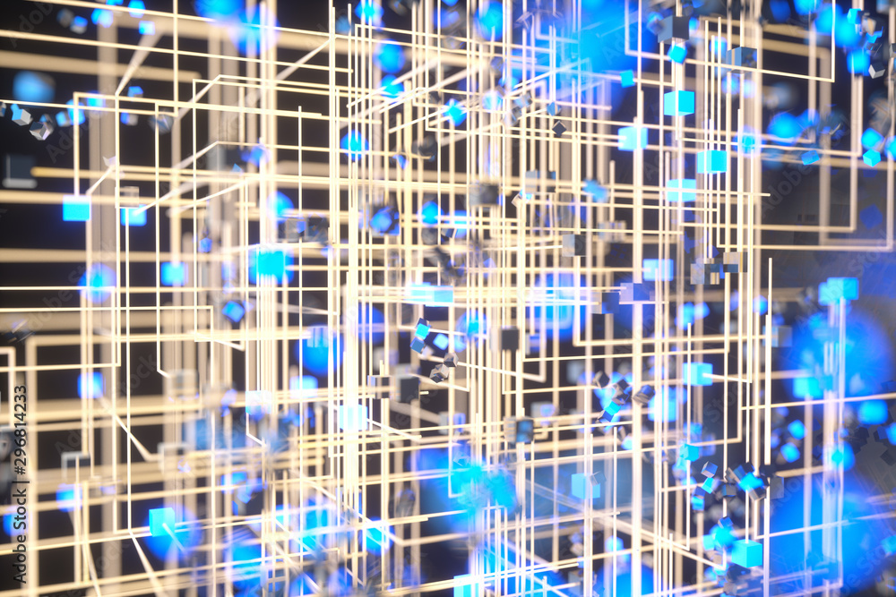 Poster technology background make up with cubes and lines, 3d rendering.
