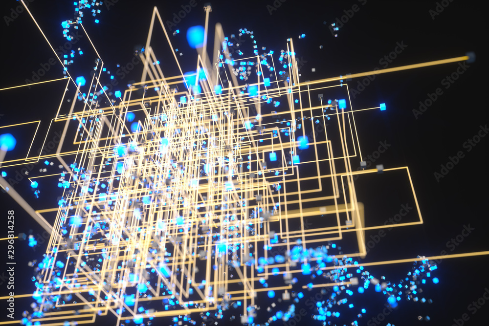 Aufkleber technology background make up with cubes and lines, 3d rendering.