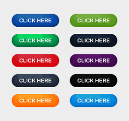 Click Here colorful button set. icons web Isolated on white background. Vector Illustration.