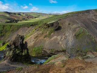 Beautiful lush green Landscape of Skoga river valley cascades near Skogafoss waterfall and Skogar end of Fimmvorduhals hiking trail. South Iceland, Summer blue sky