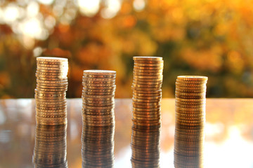 coins stack of EU cash on a blurred background autumn landscape, business concept
