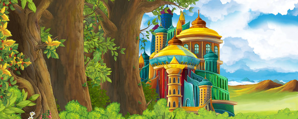 Cartoon nature scene with beautiful castle near the forest - illustration for the children